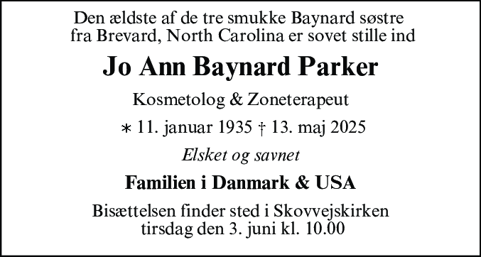 Dødsannonce for Jo Ann Baynard Parker