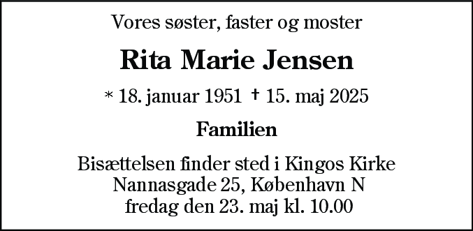 Dødsannonce for Rita Marie Jensen