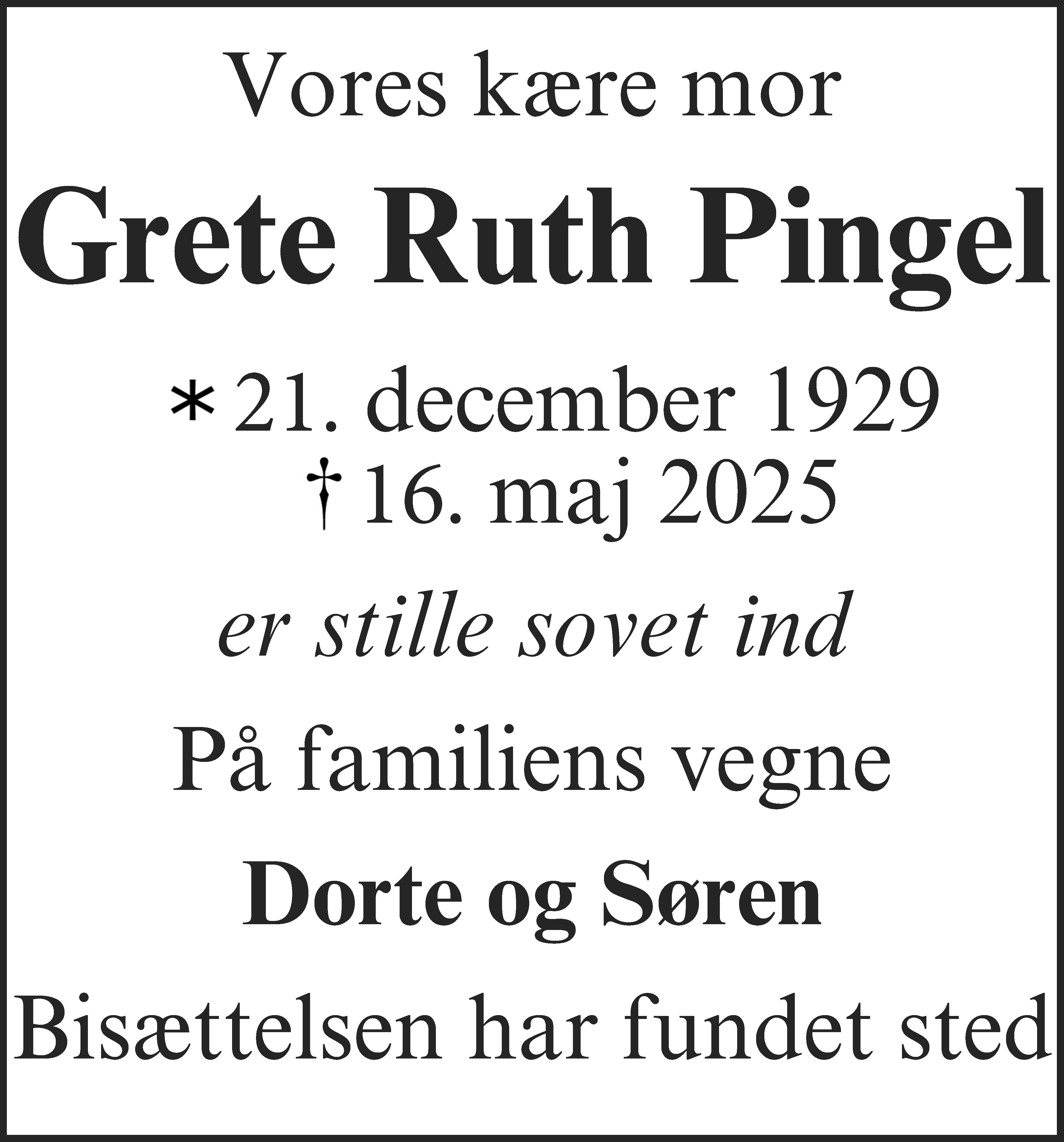 Dødsannonce for Grete Ruth Pingel