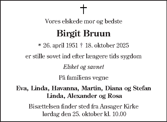 Dødsannonce for Birgit Bruun