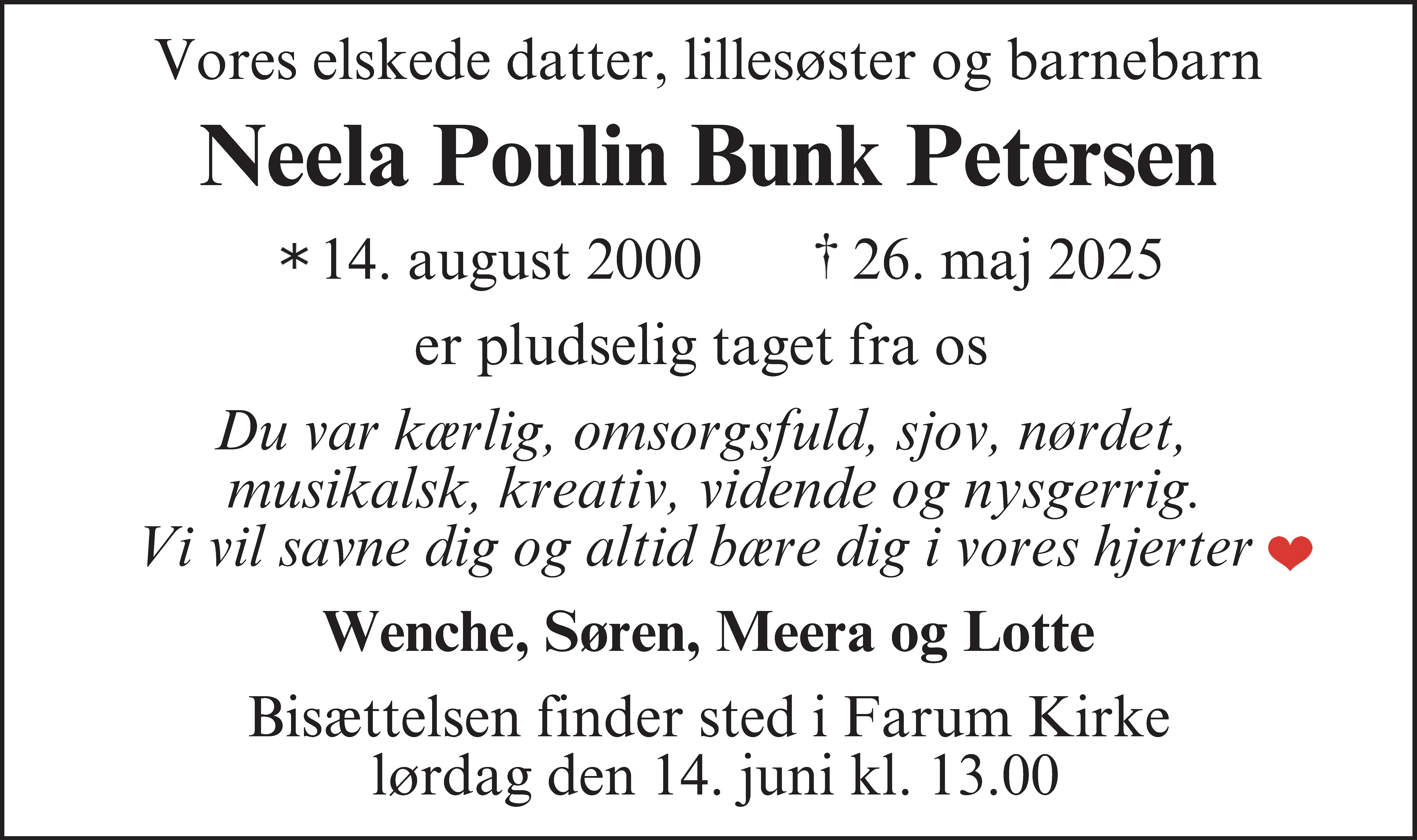 Dødsannonce for Neela Poulin Bunk Petersen