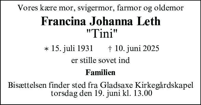 Dødsannonce for Francina Johanna Leth