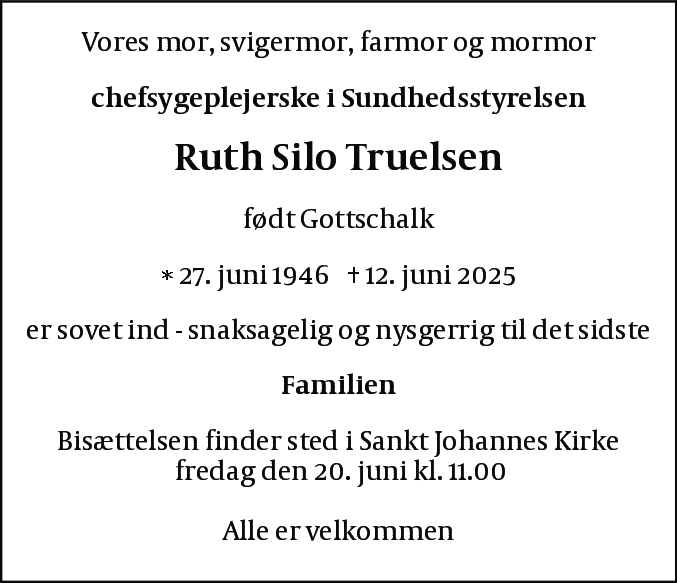 Dødsannonce for Ruth Silo Truelsen