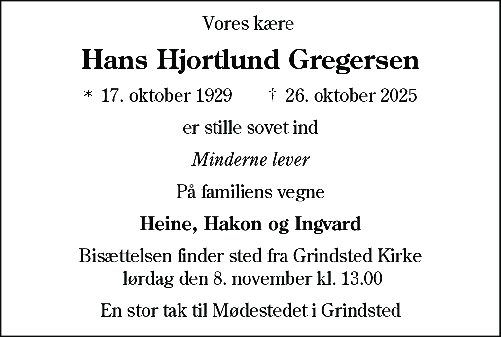 Dødsannonce for Hans Hjortlund Gregersen