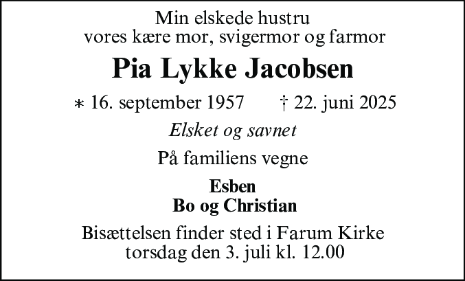 Dødsannonce for Pia Lykke Jacobsen