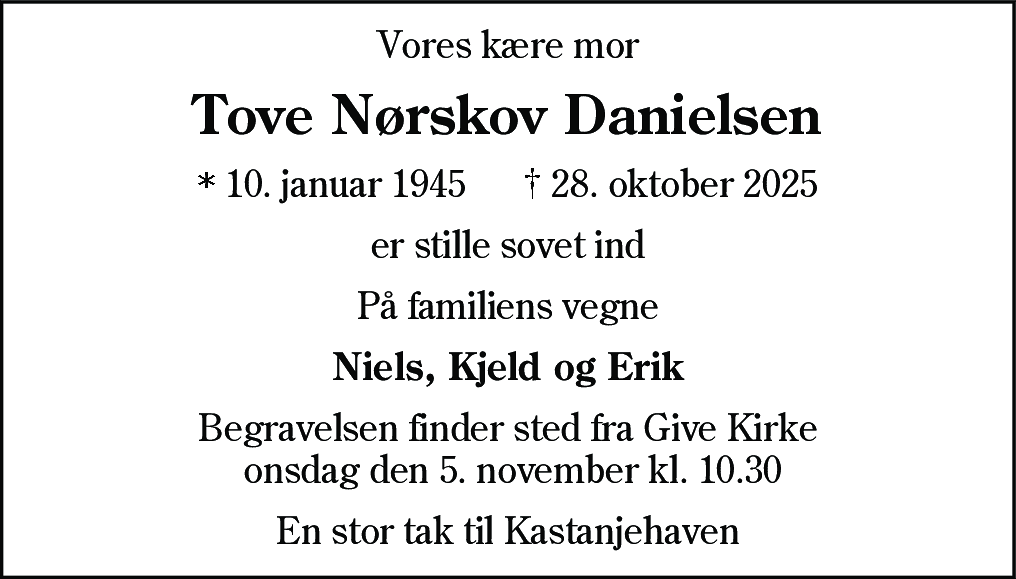 Dødsannonce for Tove Nørskov Danielsen