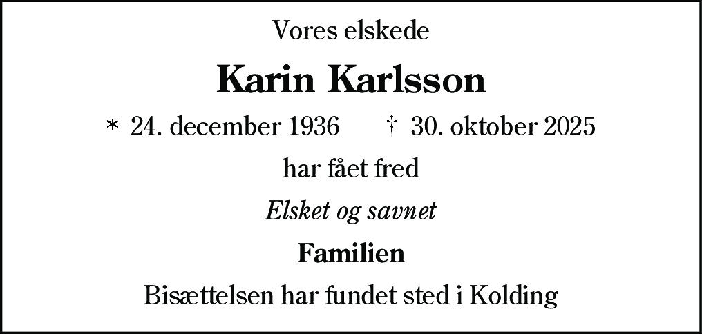 Dødsannonce for Karin Karlsson