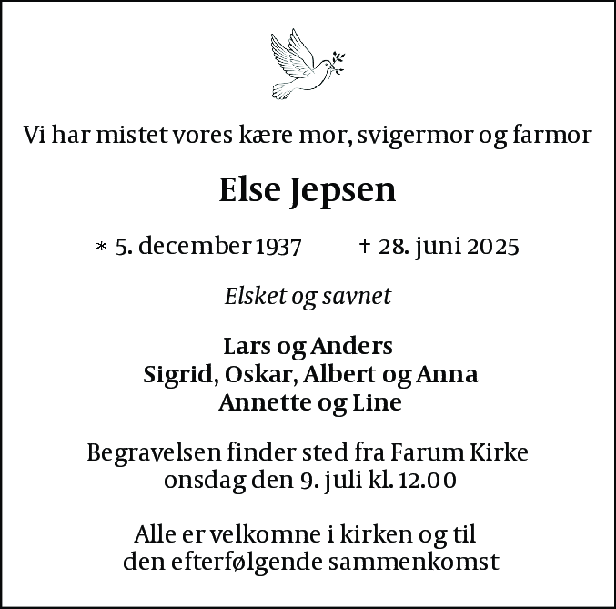 Dødsannonce for Else Jepsen