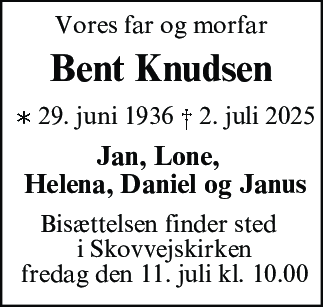 Dødsannonce for Bent Knudsen