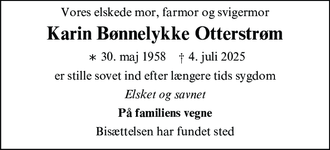 Dødsannonce for Karin Bønnelykke Otterstrøm