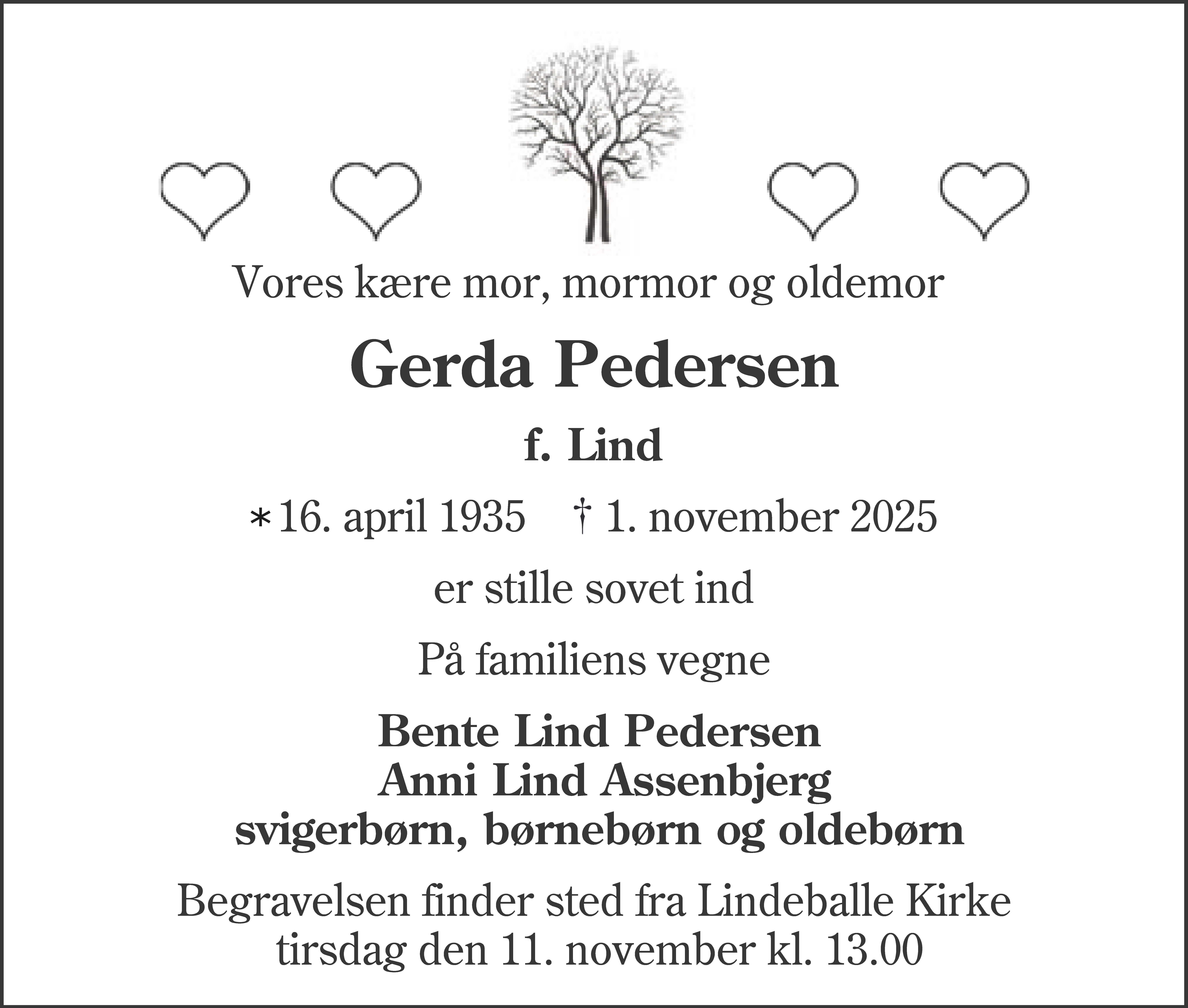 Dødsannonce for Gerda Pedersen