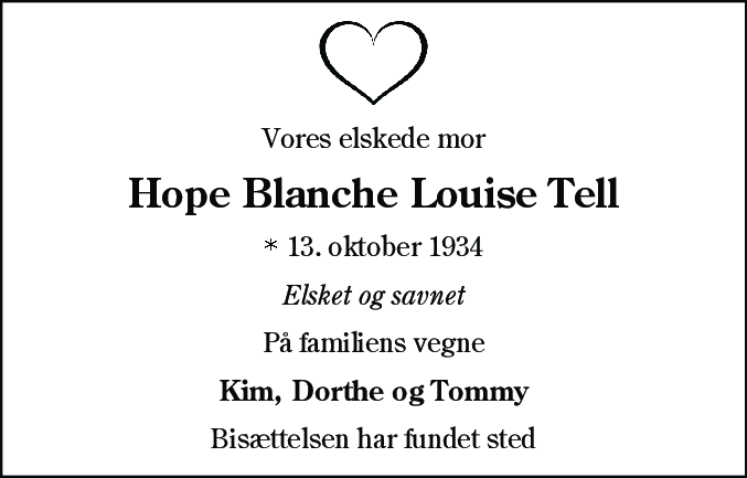 Dødsannonce for Hope Blanche Louise Tell