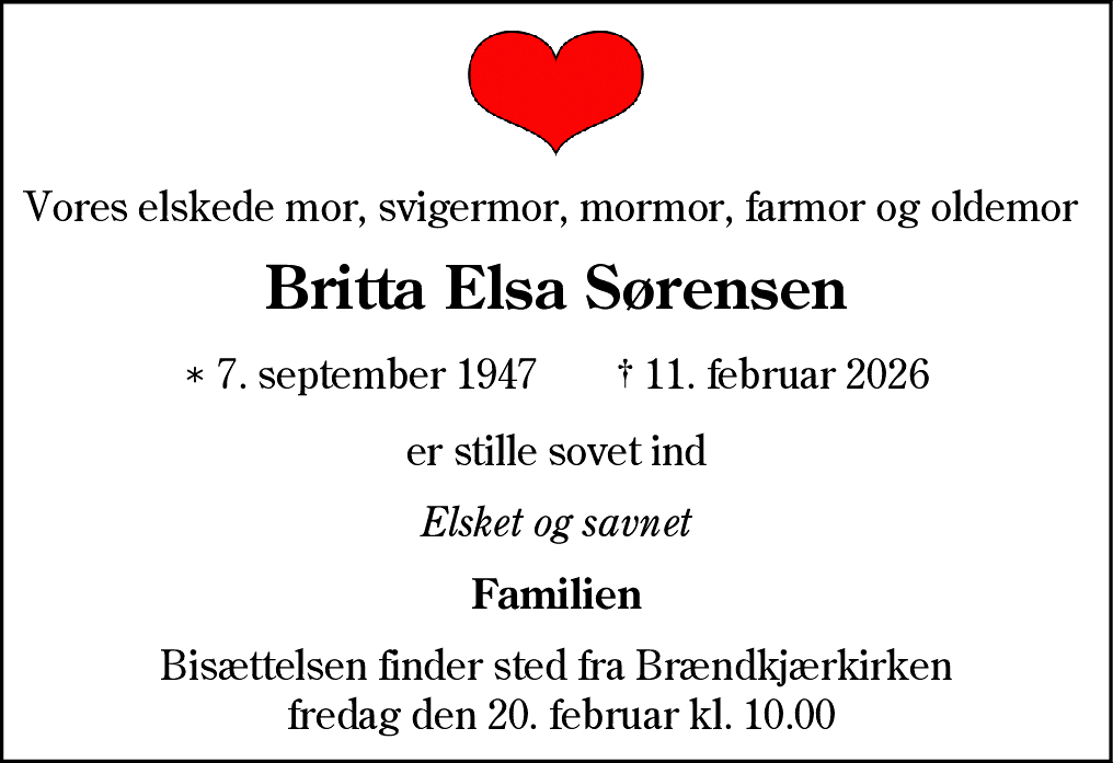 Dødsannonce for Britta Elsa Sørensen