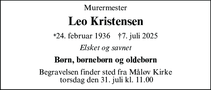 Dødsannonce for Leo Kristensen