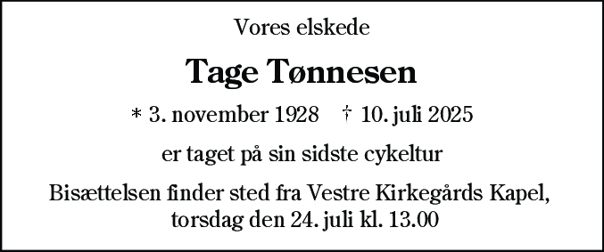 Dødsannonce for Tage Tønnesen