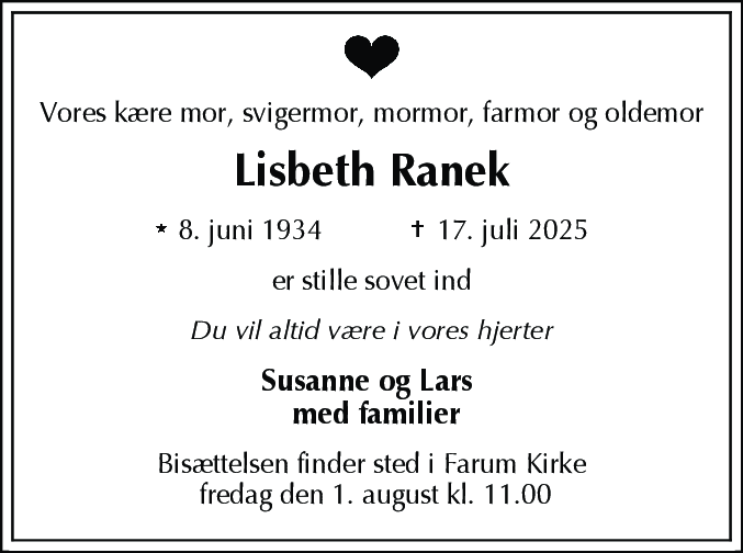 Dødsannonce for Lisbeth Katholm Ranek