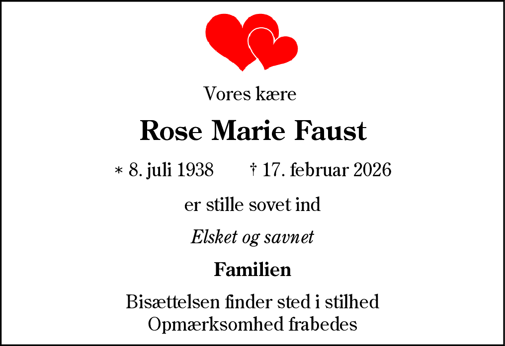 Dødsannonce for Rose Marie Faust