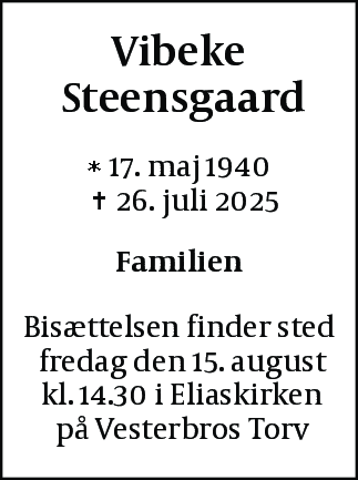 Dødsannonce for Vibeke Steensgaard