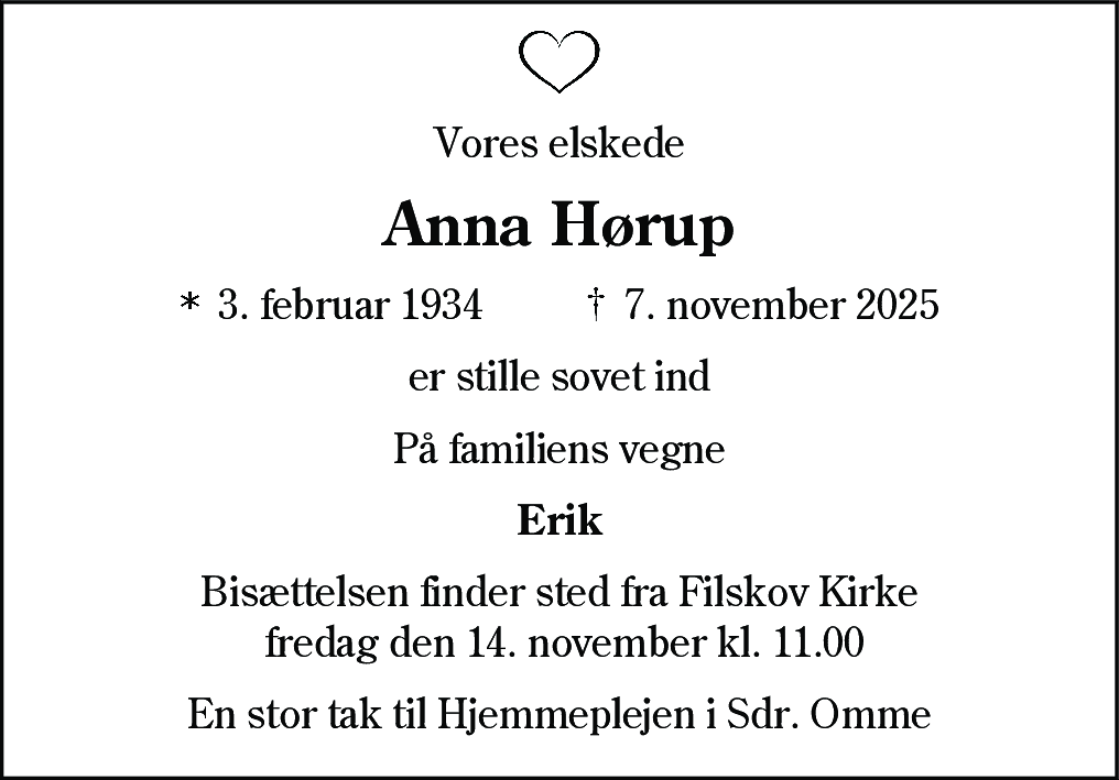 Dødsannonce for Anna Hørup