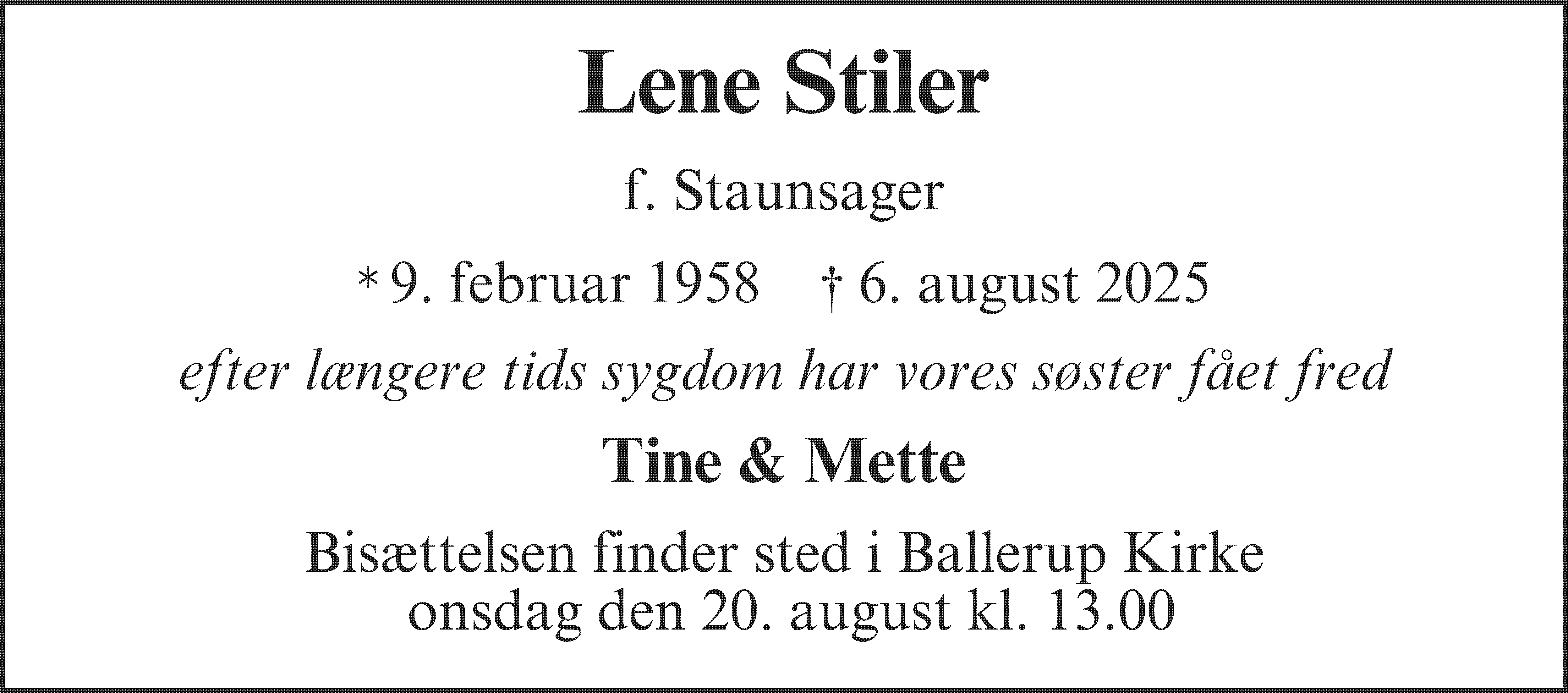 Dødsannonce for Lene Stiler