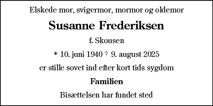 Dødsannonce for Susanne Frederiksen