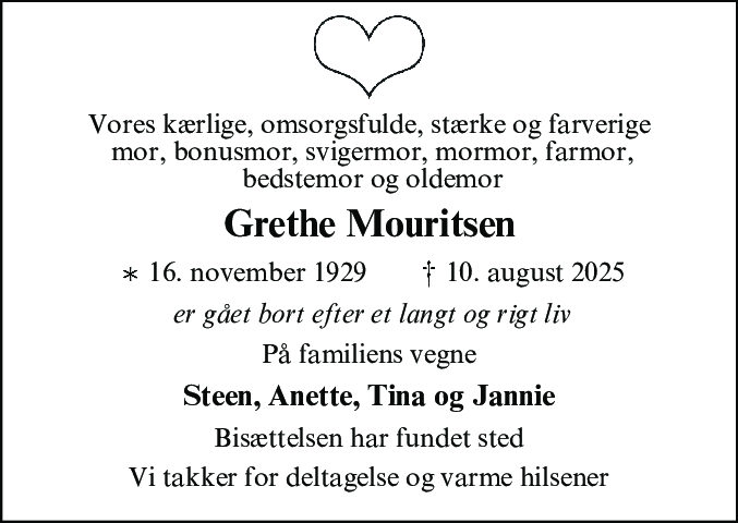 Dødsannonce for Grethe Mouritsen