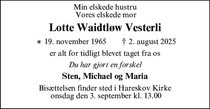 Dødsannonce for Lotte Vesterli
