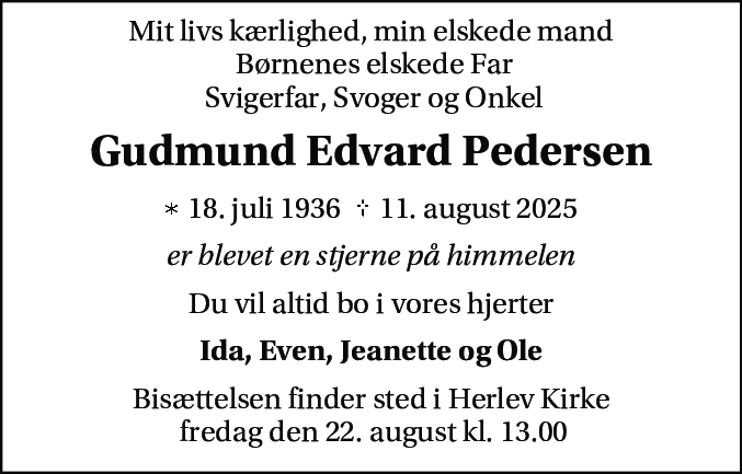Dødsannonce for Gudmund Edvard Pedersen