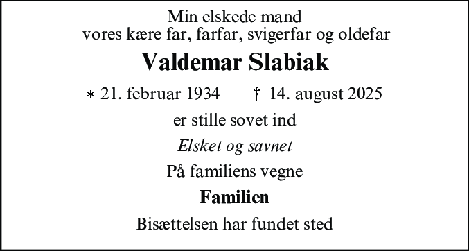 Dødsannonce for Valdemar Slabiak