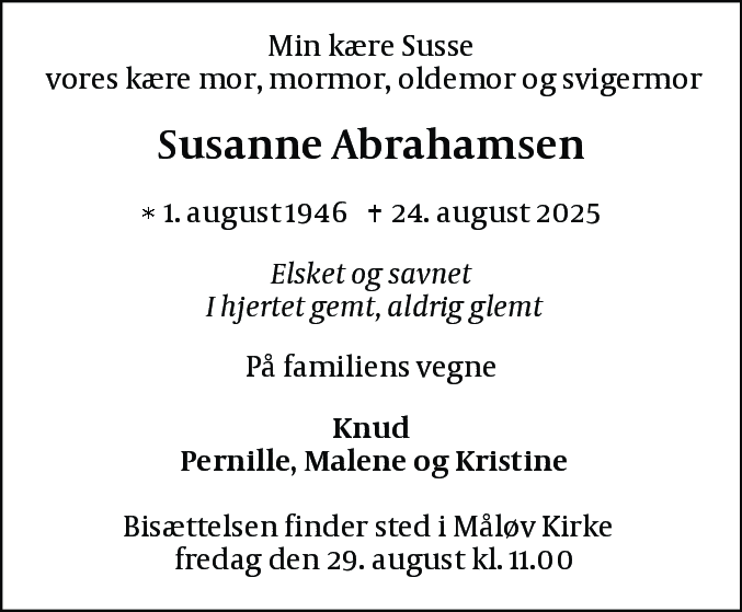 Dødsannonce for Susanne Abrahamsen