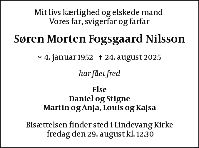 Dødsannonce for Søren Morten Fogsgaard Nilsson