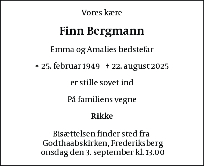 Dødsannonce for Finn Bergmann