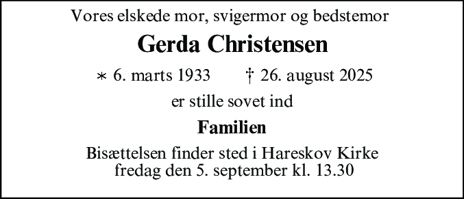 Dødsannonce for Gerda Christensen