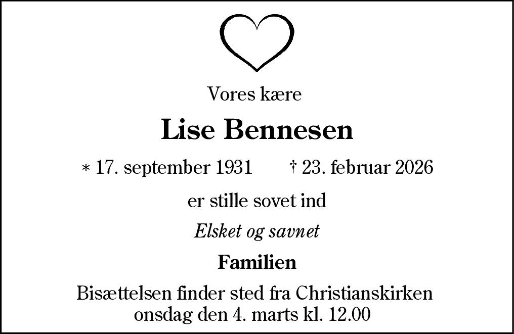 Dødsannonce for Lise Bennesen