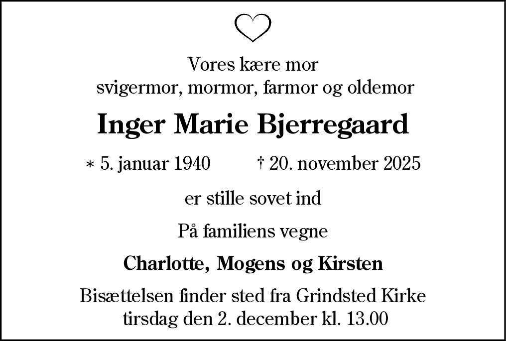 Dødsannonce for Inger Marie Bjerregaard