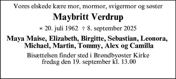 Dødsannonce for Maybritt Verdrup
