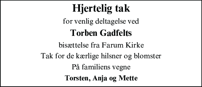 Dødsannonce for Torben Gadfelt