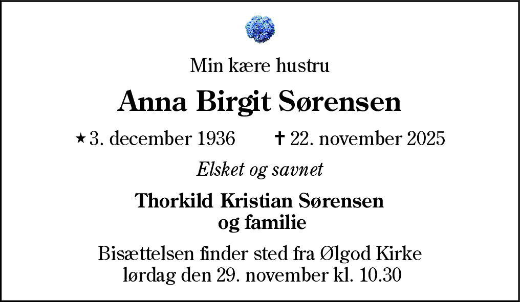 Dødsannonce for Anna Birgit Sørensen