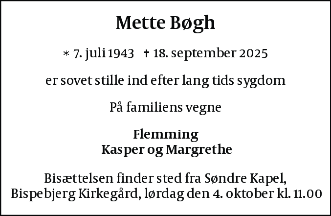 Dødsannonce for Mette Bøgh