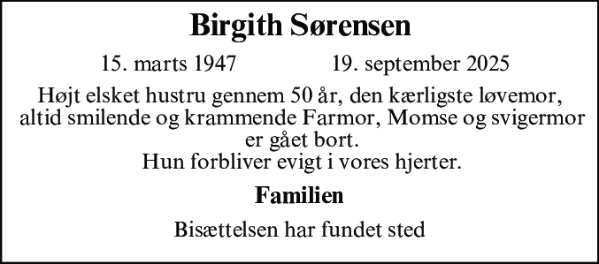 Dødsannonce for Birgith Sørensen