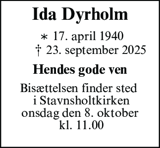 Dødsannonce for Ida Dyrholm