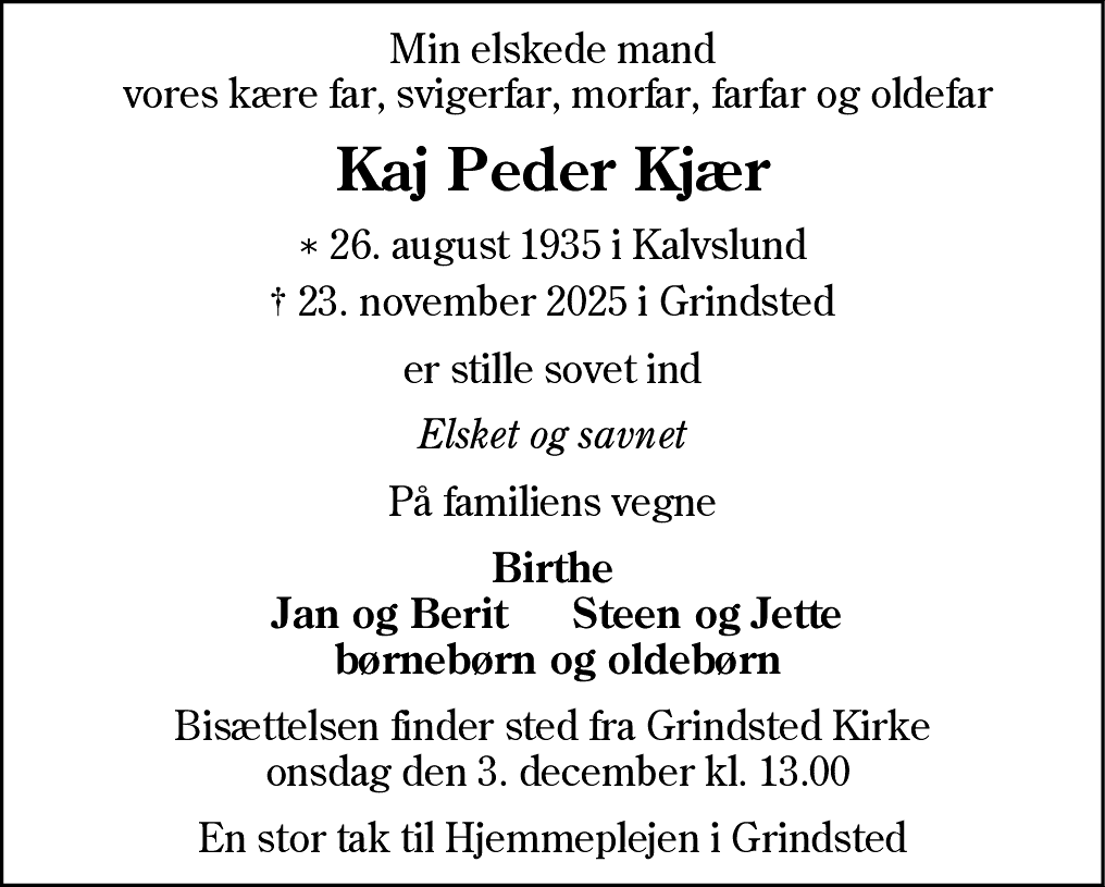 Dødsannonce for Kaj Peder Kjær