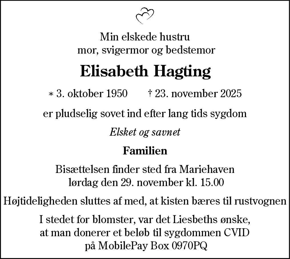 Dødsannonce for Elisabeth Hagting