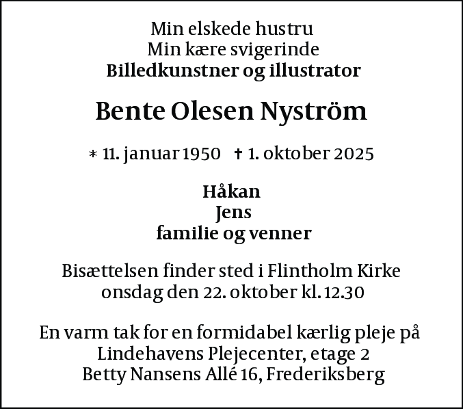 Dødsannonce for Bente Dorrit Nystrøm
