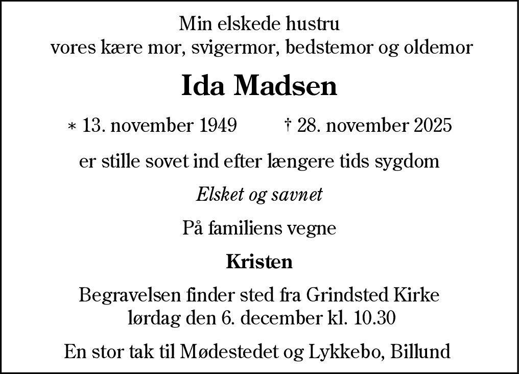 Dødsannonce for Ida Madsen