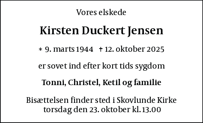 Dødsannonce for Kirsten Duckert Jensen
