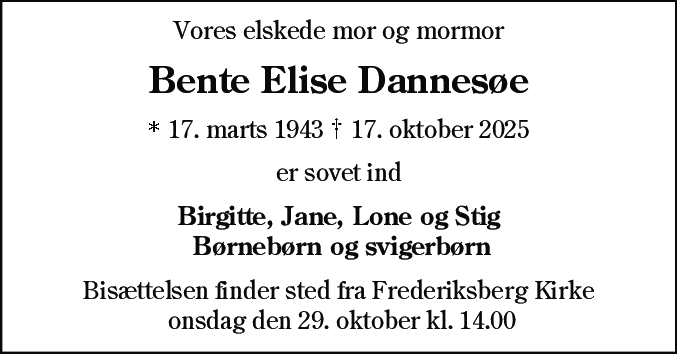 Dødsannonce for Bente Elise Dannesøe
