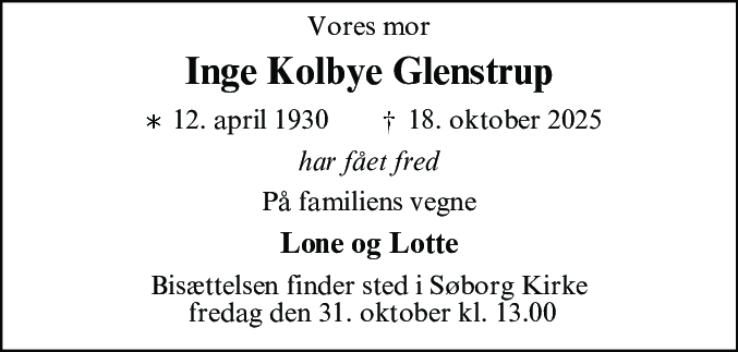 Dødsannonce for Inge Kolbye Glenstrup