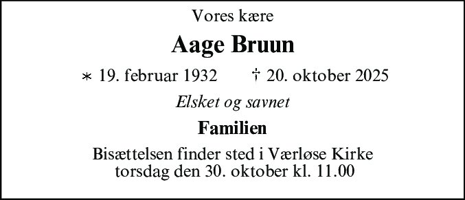 Dødsannonce for Aage Bruun