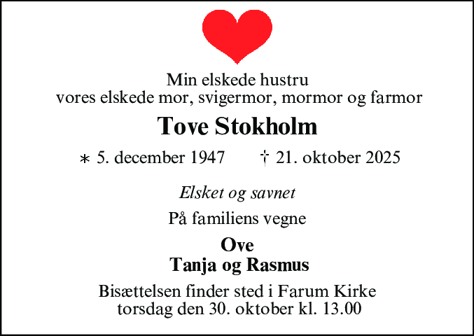 Dødsannonce for Tove Stokholm